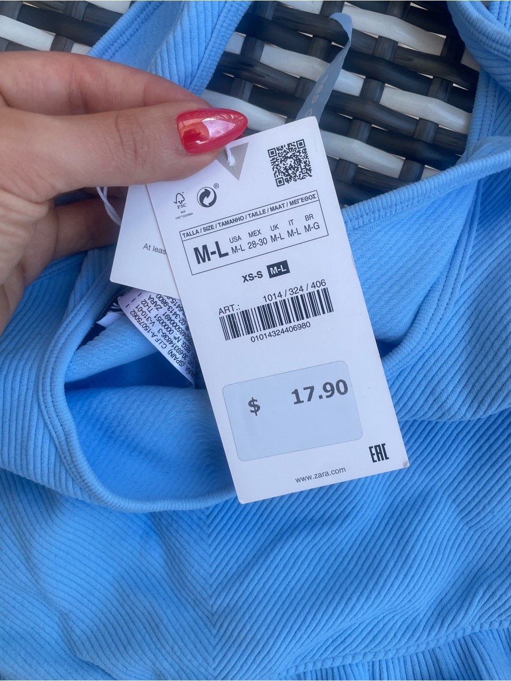Zara Blue Ribbed Ruffle Hem Crop Tank Top - Picture 2 of 3